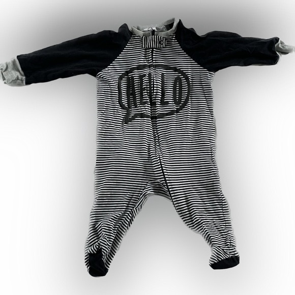 Amazon Essentials Other - Amazon Essentials Black & White Striped Footed One-Piece with Hello Graphic